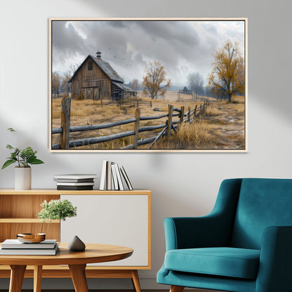 Farm1-MGV-FC-36X24_Natural-Rustic Autumn Farmhouse Wall Art – Serene Countryside Scene Canvas Print, Weathered Barn and Autumn Trees Decor for Living Room,
