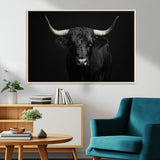 97914921-MGV-CV-36X24-Black Bull Wall Art Canvas Print, Framed Longhorn Bull Art Picture Print, Western Bull Perfect Monochrome Western Decor Artwork