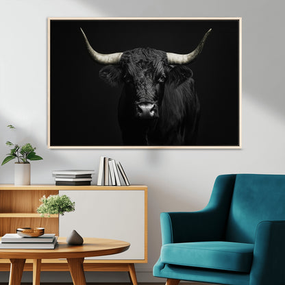 97914921-MGV-CV-36X24-Black Bull Wall Art Canvas Print, Framed Longhorn Bull Art Picture Print, Western Bull Perfect Monochrome Western Decor Artwork