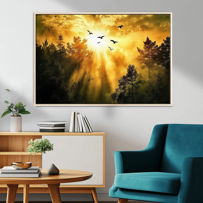 13776802-MGV-CV-36X24-Golden Forest Wall Art Canvas Print, Framed Sunset Pines Art Picture Print, Flying Birds Perfect Nature Glow Decor Artwork