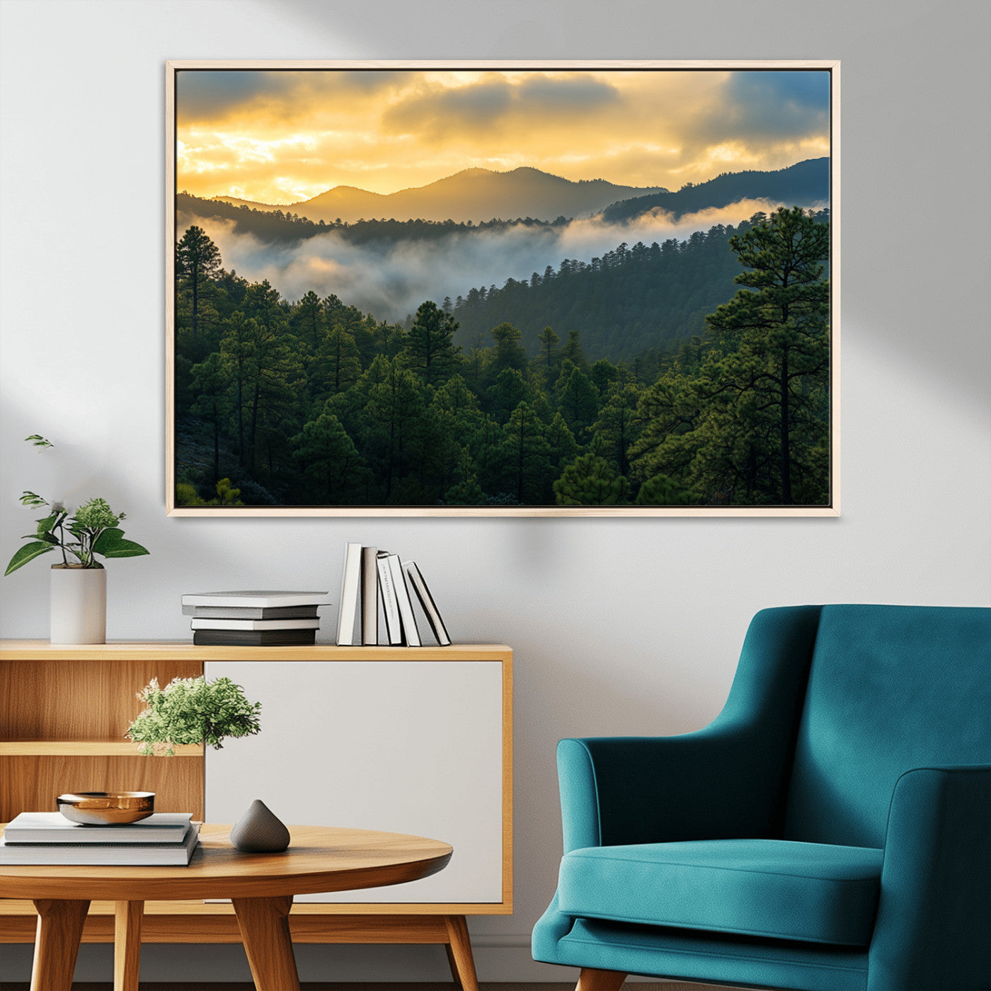 68082278-MGV-CV-36X24-Mountain Sunrise Wall Art Canvas Print, Framed Pine Forest Art Picture Print, Misty Mountains Perfect Earthy Woodland Decor