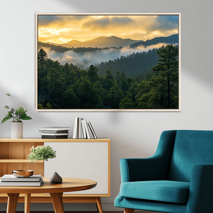 68082278-MGV-CV-36X24-Mountain Sunrise Wall Art Canvas Print, Framed Pine Forest Art Picture Print, Misty Mountains Perfect Earthy Woodland Decor