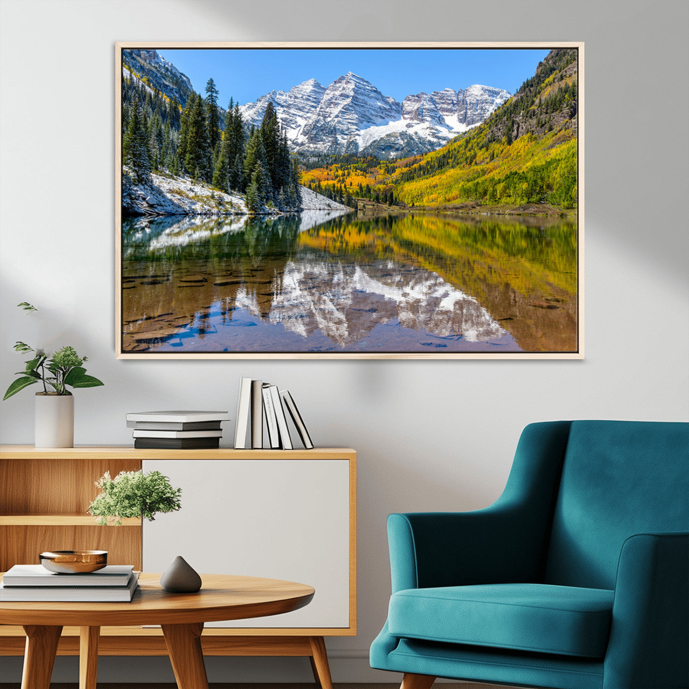 87724099-MGV-CV-36X24-Maroon Bells Wall Art Canvas Print, Framed Snowy Mountains Art Picture Print, Pine Forest Perfect Vibrant Alpine Decor Artwork