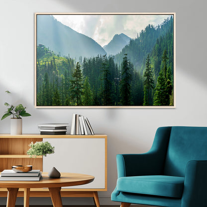 83417191-MGV-CV-36X24-Misty Mountain Forest Wall Art – Pine Tree Landscape Canvas Print, Nature Photography Panorama, Tranquil Green Forest Décor for