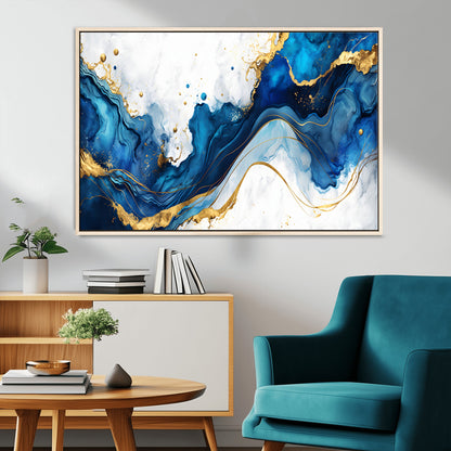 33506371-MGV-CV-36X24-Blue Marble Wall Art Canvas Print, Framed Gold Splash Art Picture Print, Abstract Wave Perfect Modern Luxe Decor Artwork
