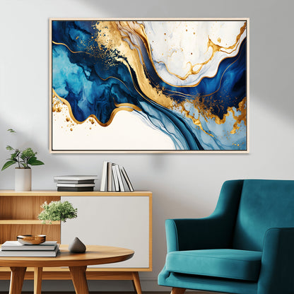 60283636-MGV-CV-36X24-Blue Gold Flow Wall Art Canvas Print, Framed Marble Texture Art Picture Print, Elegant Splash Perfect Elegant Abstract Decor