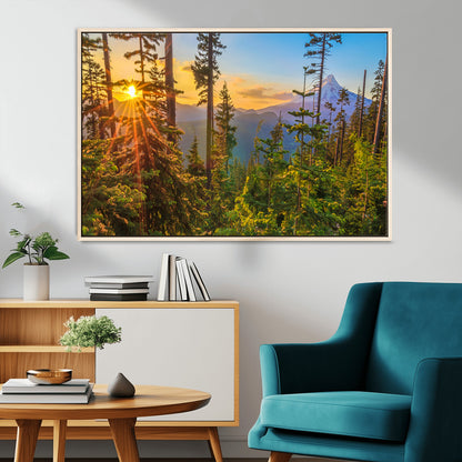 83544043-MGV-CV-36X24-Forest Sunset Wall Art Canvas Print, Framed Sunset Trees Art Picture Print, Green Pines Perfect Rustic Nature Decor Artwork