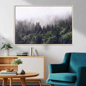 62890402-MGV-CV-36X24-Misty Forest Wall Art Canvas Print, Framed Foggy Pines Art Picture Print, Pine Valley Perfect Moody Woodland Decor Artwork