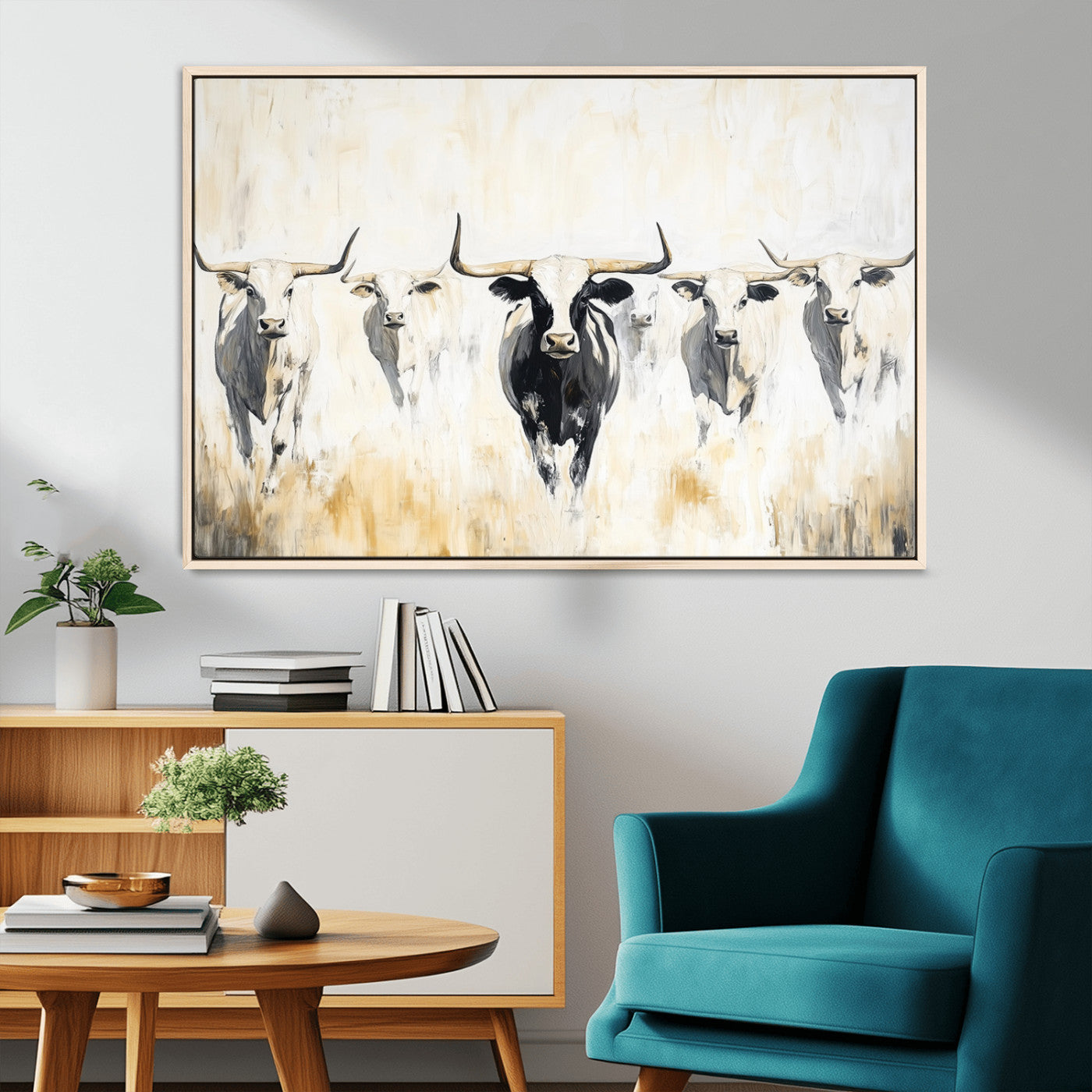 40397799-MGV-CV-36X24-Texas Longhorn Wall Art Canvas Print, Framed Rustic Herd Art Picture Print, Western Bull Perfect Neutral Western Decor Artwork