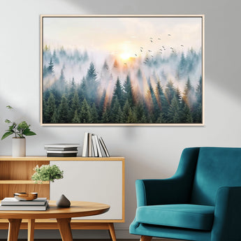 92718976-MGV-CV-36X24-Misty Forest Wall Art Canvas Print, Framed Sunrise Pines Art Picture Print, Foggy Woodland Perfect Moody Woodland Decor Artwork