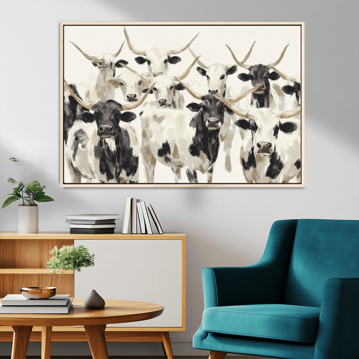 52947970-MGV-FC-36X24_Natural-Texas Longhorn Wall Art Canvas Print, Framed Cattle Herd Art Picture Print, Herd Portrait Perfect Modern Farmhouse Decor Artwork