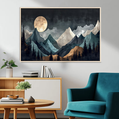 11060882-MGV-FC-36X24_Natural-Moonlit Mountains Wall Art Canvas Print, Framed Forest Silhouette Art Picture Print, Night Landscape Perfect Modern Forest Decor