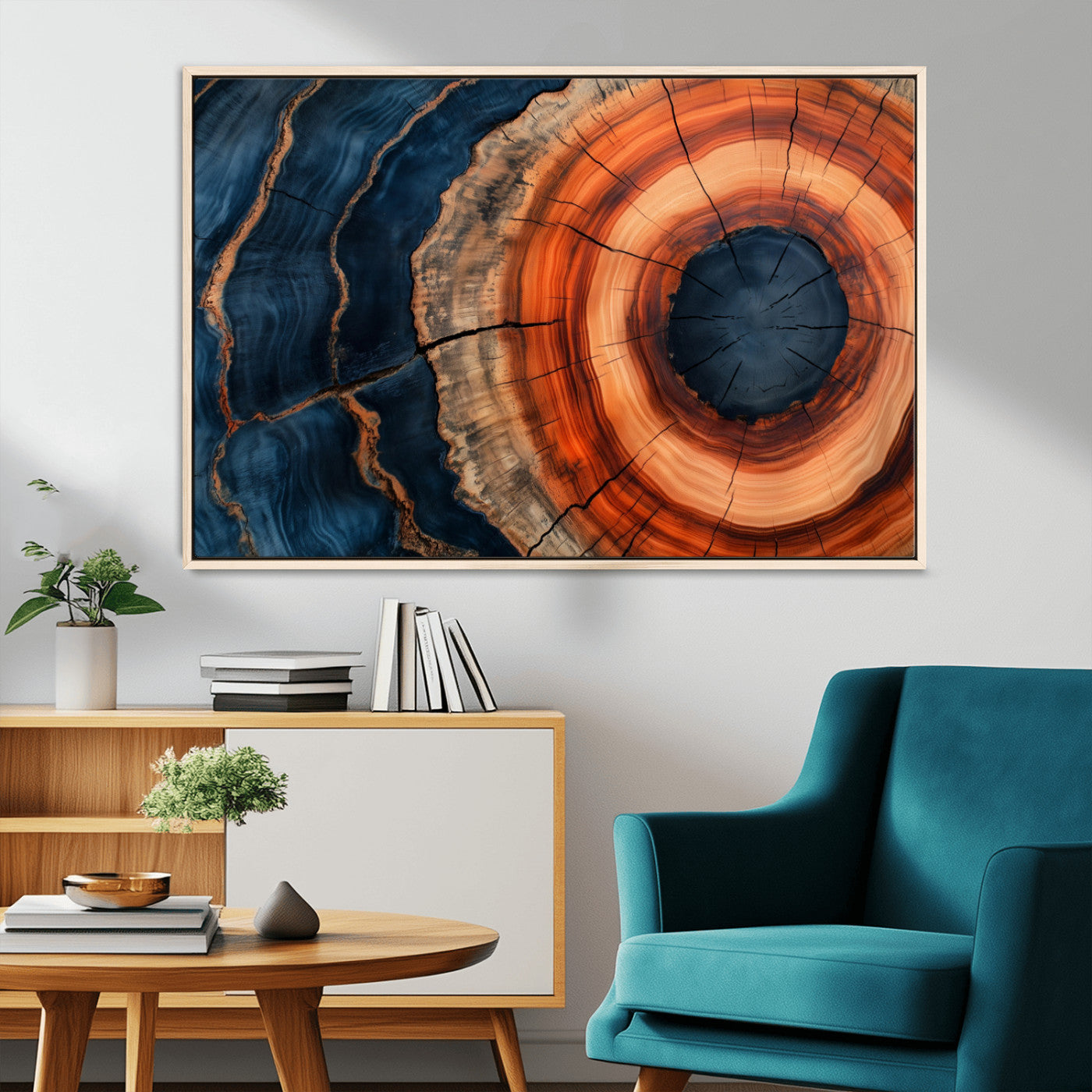 41123192-MGV-CV-36X24-Tree Ring Canvas Wall Art – Abstract Blue Orange Wood Grain Print, Rustic Modern Nature Artwork for Living Room, Bedroom, Office