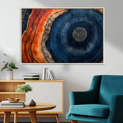 99491700-MGV-CV-36X24-Tree Ring Canvas Wall Art – Blue Orange Abstract Wood Grain Print, Rustic Modern Nature Artwork for Living Room, Office, Bedroom
