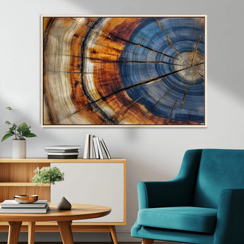 18032999-MGV-CV-36X24-Tree Ring Wall Art – Blue Brown Abstract Wood Slice Canvas Print, Rustic Modern Nature Decor for Living Room, Office, Bedroom or
