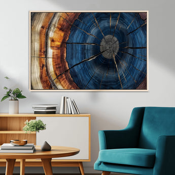 60099360-MGV-CV-36X24-Blue Tree Ring Wall Art – Rustic Wood Grain Canvas Print, Modern Abstract Artwork with Natural Texture for Living Room, Bedroom,