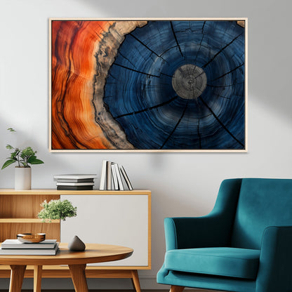 26110607-MGV-CV-36X24-Blue and Orange Tree Ring Wall Art – Abstract Wood Cross Section Canvas Print, Modern Rustic Nature Decor for Living Room, Office,