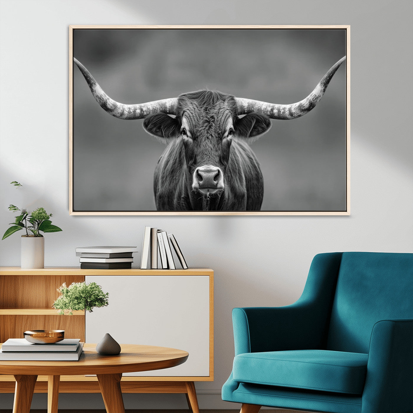 81228550-MGV-CV-36X24-Framed Texas Longhorn Bull Art Canvas Print, Western Bull Wall Art Print, Long Horn Bull Photo Print for Log Cabin, Large Bull