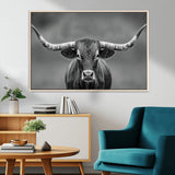81228550-MGV-CV-36X24-Framed Texas Longhorn Bull Art Canvas Print, Western Bull Wall Art Print, Long Horn Bull Photo Print for Log Cabin, Large Bull