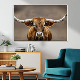 12179171-MGV-CV-36X24-Texas Longhorn Wall Art Canvas Print, Framed Brown Bull Art Picture Print, Lone Cattle Perfect Rustic Western Decor Artwork