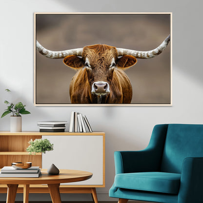 12179171-MGV-CV-36X24-Texas Longhorn Wall Art Canvas Print, Framed Brown Bull Art Picture Print, Lone Cattle Perfect Rustic Western Decor Artwork
