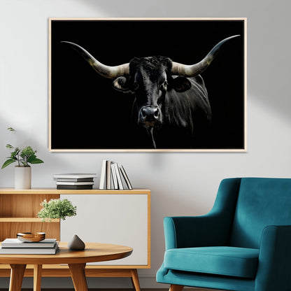 37531960-MGV-CV-36X24-Black Longhorn Bull Wall Art – Dramatic Western Cattle Canvas Print, Rustic Farmhouse Animal Artwork for Living Room, Bedroom,