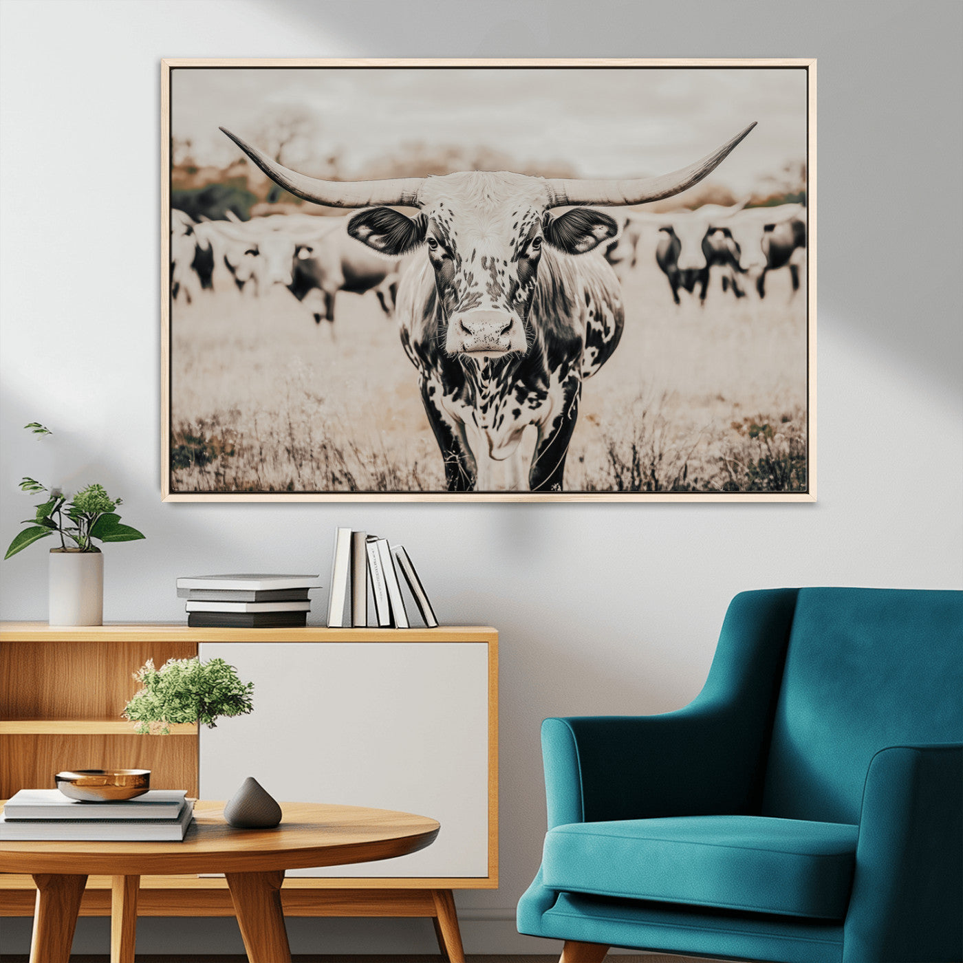 27497342-MGV-CV-36X24-Texas Longhorn Wall Art Canvas Print, Framed Speckled Cow Art Picture Print, Horned Cattle Perfect Rustic Western Decor Artwork