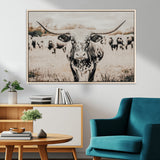 27497342-MGV-CV-36X24-Texas Longhorn Wall Art Canvas Print, Framed Speckled Cow Art Picture Print, Horned Cattle Perfect Rustic Western Decor Artwork