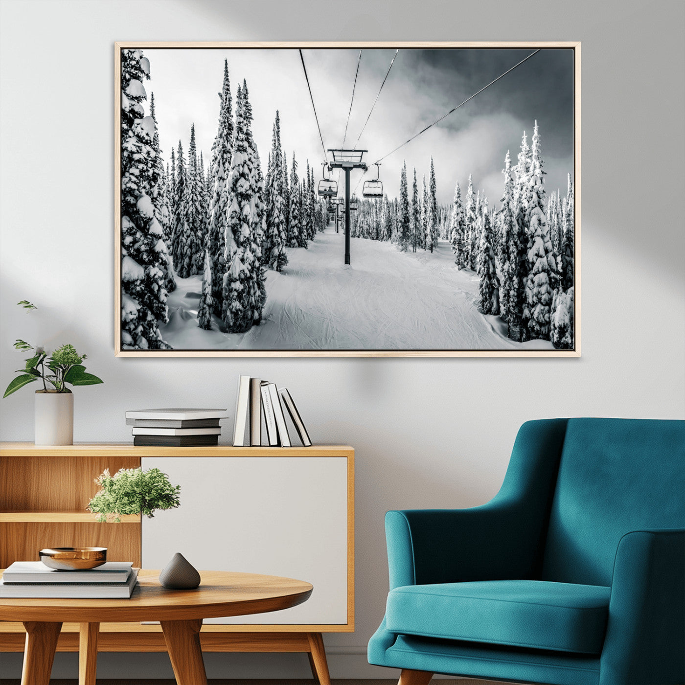 31156828-MGV-FC-36X24_Natural-Snowy Pines Wall Art Canvas Print, Framed Ski Lift Art Picture Print, Winter Forest Perfect Moody Lodge Decor Artwork