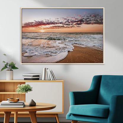 39846389-MGV-CV-36X24-Ocean Sunset Wall Art Canvas Print, Framed Sandy Shore Art Picture Print, Gentle Waves Perfect Minimalist Coastal Decor Artwork