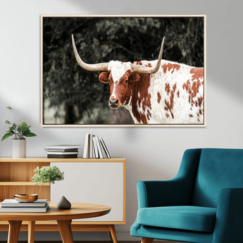 54027638-MGV-CV-36X24-Texas Longhorn Wall Art Canvas Print, Framed Spotted Cow Art Picture Print, Horned Bull Perfect Rustic Western Decor Artwork