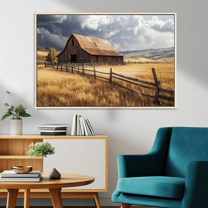 38758826-MGV-CV-36X24-Rustic Barn Wall Art Canvas Print, Framed Moody Barn Art Picture Print, Golden Field Perfect Rustic Farmhouse Decor Artwork