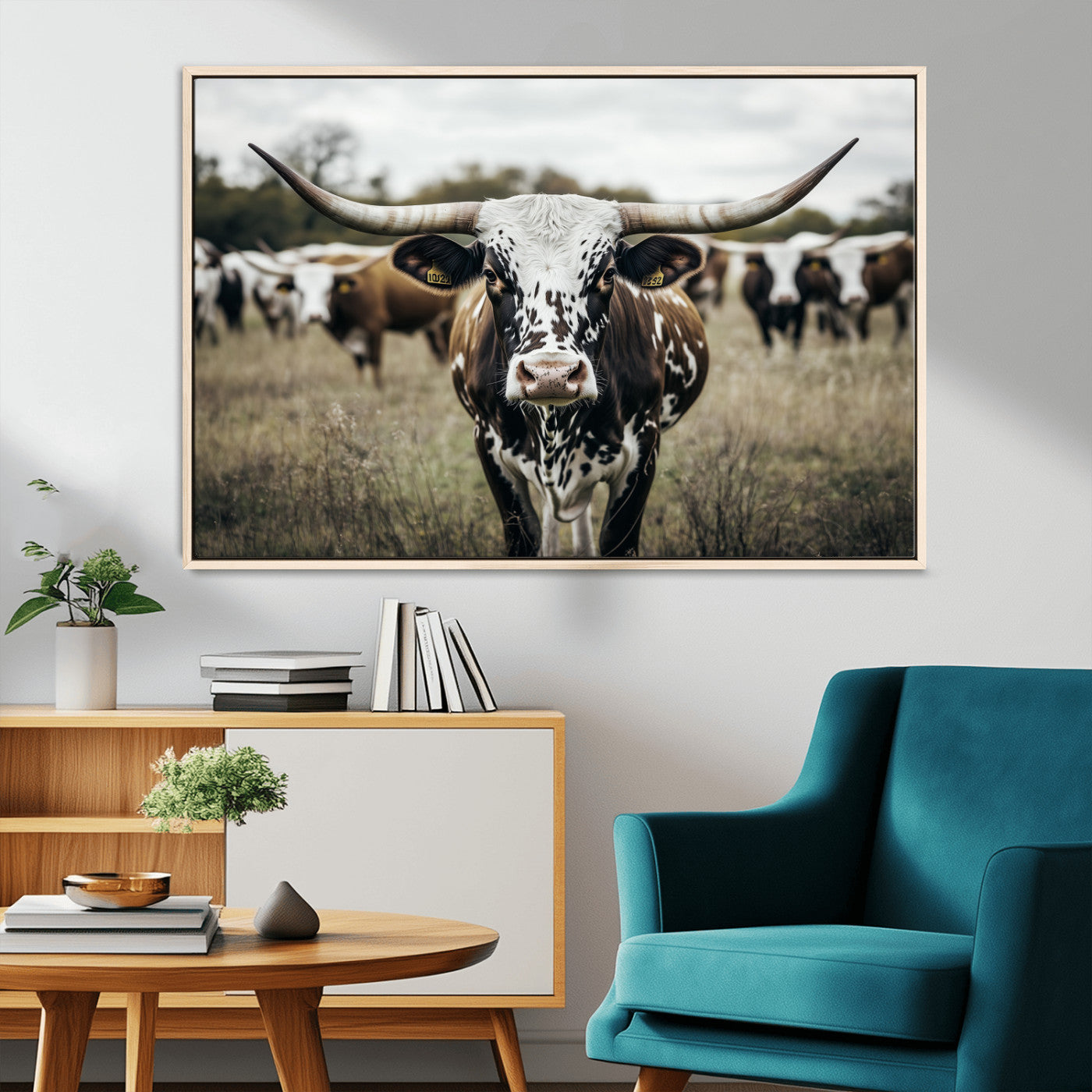 79025945-MGV-CV-36X24-Texas Longhorn Wall Art Canvas Print, Framed Speckled Cow Art Picture Print, Horned Cattle Perfect Rustic Western Decor Artwork