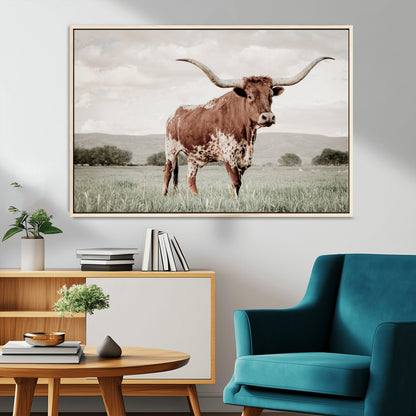 28309012-MGV-CV-36X24-Texas Longhorn Wall Art Canvas Print, Framed Spotted Cattle Art Picture Print, Horned Bull Perfect Rustic Western Decor Artwork