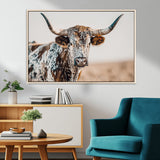 70414966-MGV-CV-36X24-Texas Longhorn Wall Art Canvas Print, Framed Speckled Cow Art Picture Print, Horned Bull Perfect Rustic Western Decor Artwork