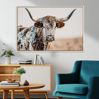 70414966-MGV-CV-36X24-Texas Longhorn Wall Art Canvas Print, Framed Speckled Cow Art Picture Print, Horned Bull Perfect Rustic Western Decor Artwork