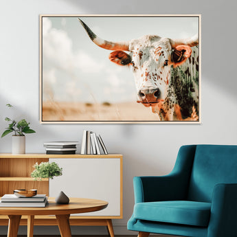 72766375-MGV-CV-36X24-Texas Longhorn Wall Art Canvas Print, Framed Spotted Cow Art Picture Print, Horned Cattle Perfect Rustic Western Decor Artwork