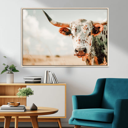 72766375-MGV-CV-36X24-Texas Longhorn Wall Art Canvas Print, Framed Spotted Cow Art Picture Print, Horned Cattle Perfect Rustic Western Decor Artwork