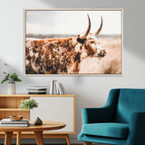 11528295-MGV-CV-36X24-Speckled Longhorn Wall Art Canvas Print, Framed Texas Cattle Art Picture Print, Horned Cow Perfect Rustic Western Decor Artwork