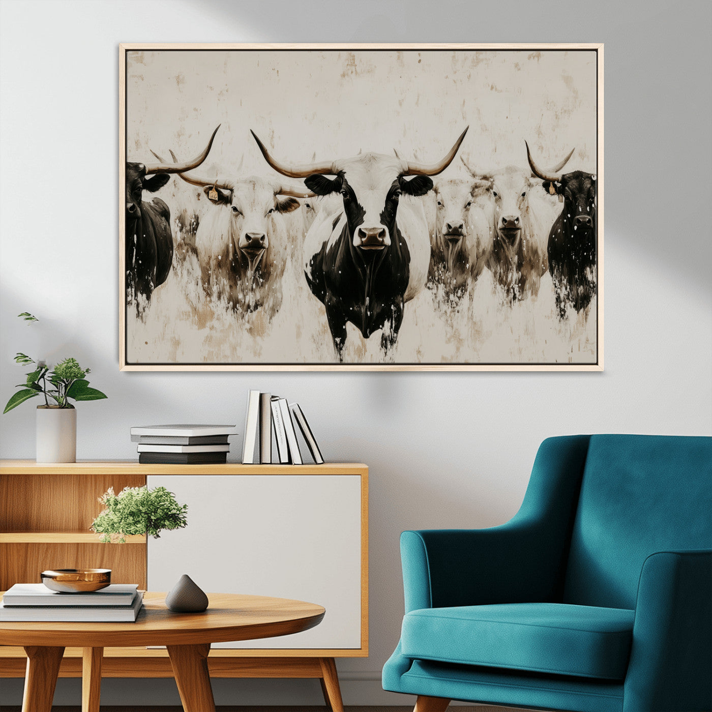 12027562-MGV-CV-36X24-Longhorn Cattle Wall Art Canvas Print, Framed Bison Herd Art Picture Print, Cattle Group Perfect Rustic Farmhouse Decor Artwork