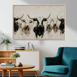 12027562-MGV-CV-36X24-Longhorn Cattle Wall Art Canvas Print, Framed Bison Herd Art Picture Print, Cattle Group Perfect Rustic Farmhouse Decor Artwork