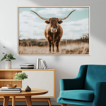 39350715-MGV-CV-36X24-Texas Longhorn Wall Art Canvas Print, Framed Longhorn Cow Art Picture Print, Western Cattle Perfect Rustic Western Decor Artwork
