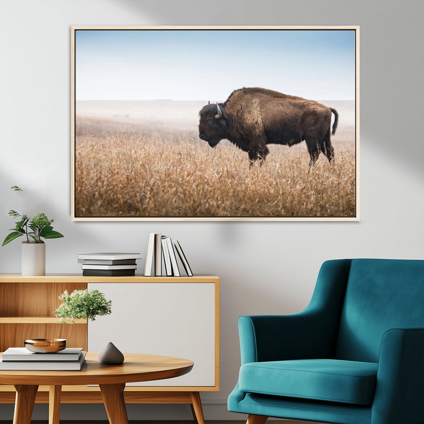 91267849-MGV-CV-36X24-Wild Bison Wall Art Canvas Print, Framed Bison in Prairie Art Picture Print, Rustic Western Perfect Rustic Western Decor Artwork