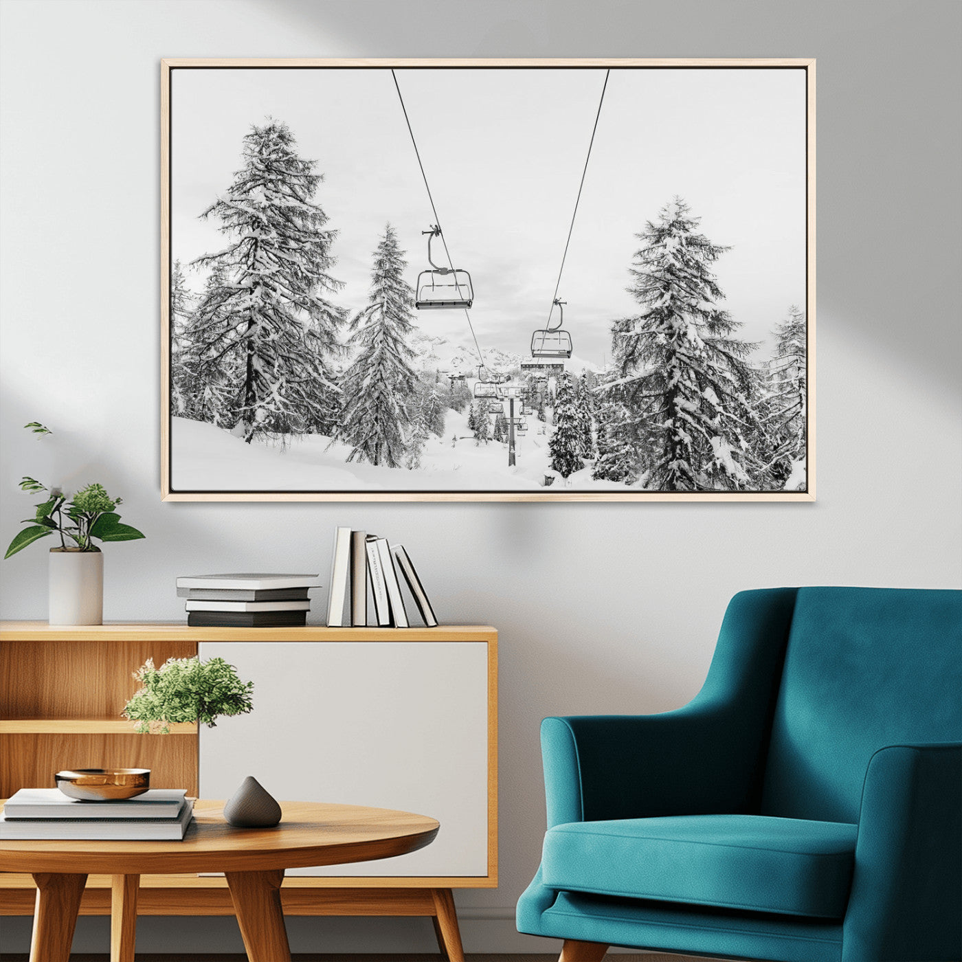 55003599-MGV-CV-36X24-Snowy Ski Lift Wall Art Canvas Print, Framed Winter Forest Art Picture Print, Ski lift Ride Perfect Winter Lodge Decor Artwork