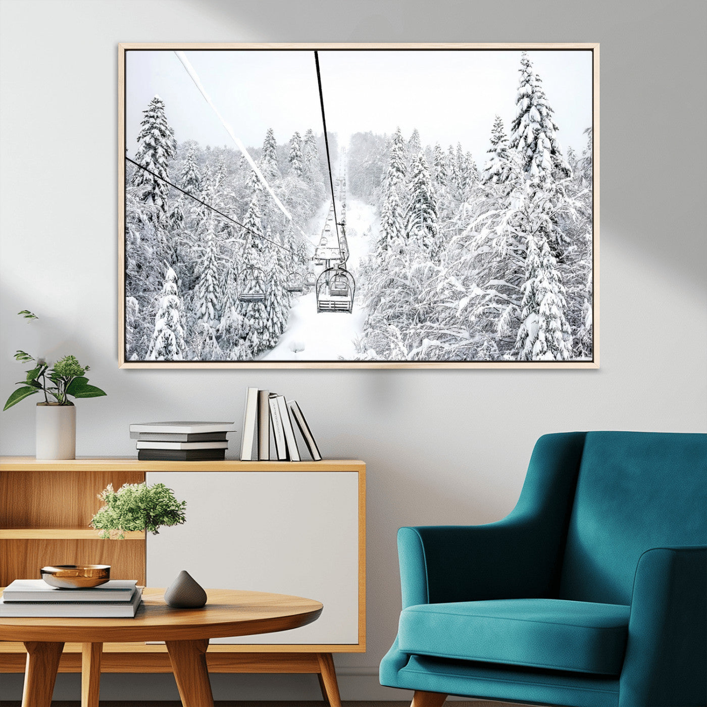 60296839-MGV-CV-36X24-Snowy Mountains Wall Art Canvas Print, Framed Ski Lift Art Picture Print, Winter Forest Perfect Winter Minimalist Decor Artwork