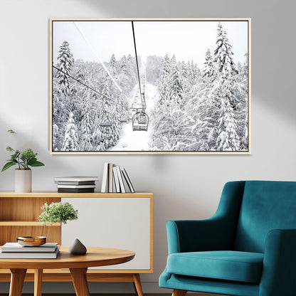 60296839-MGV-CV-36X24-Snowy Mountains Wall Art Canvas Print, Framed Ski Lift Art Picture Print, Winter Forest Perfect Winter Minimalist Decor Artwork