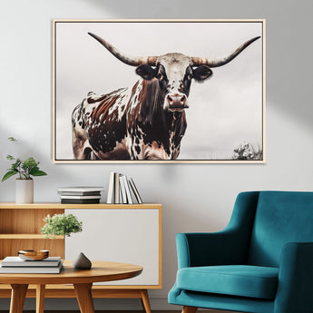 95249234-MGV-CV-36X24-Texas Longhorn Wall Art Canvas Print, Framed Spotted Bull Art Picture Print, Horned Cattle Perfect Rustic Farmhouse Decor Artwork