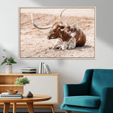 91248682-MGV-CV-36X24-Texas Longhorn Wall Art Canvas Print, Framed Resting Bull Art Picture Print, Spotted Cattle Perfect Rustic Western Decor Artwork