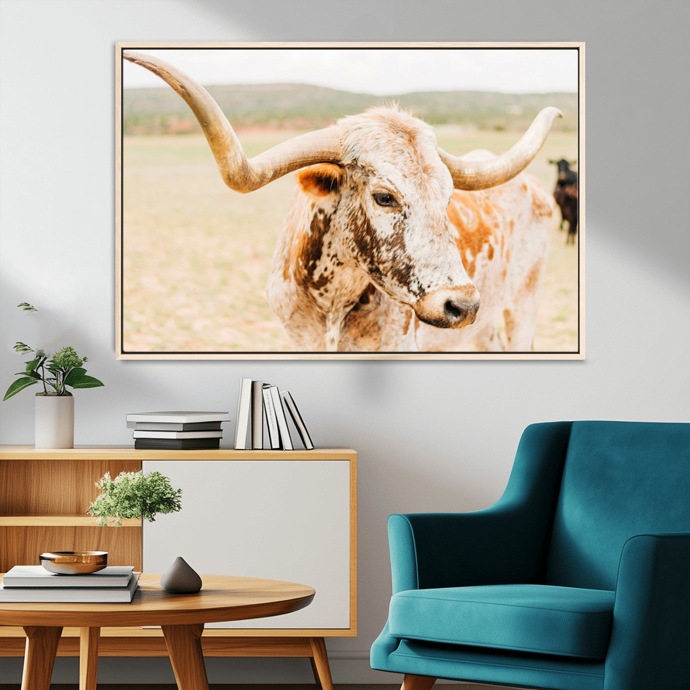 21060648-MGV-CV-36X24-Texas Longhorn Wall Art Canvas Print, Framed Speckled Cow Art Picture Print, Rustic Bull Perfect Rustic Western Decor Artwork