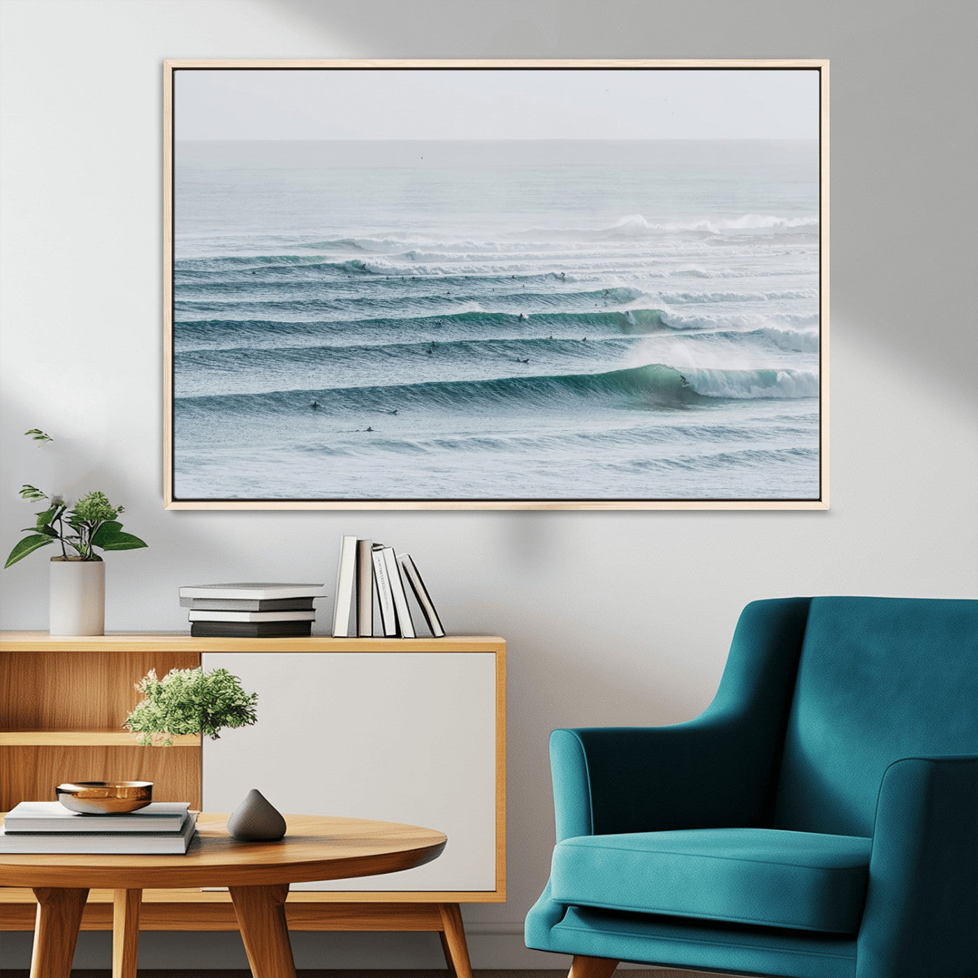 73969318-MGV-CV-36X24-Ocean Waves Wall Art Canvas Print, Framed Surfer Lineup Art Picture Print, Crowded Ocean Perfect Minimal Coastal Decor Artwork